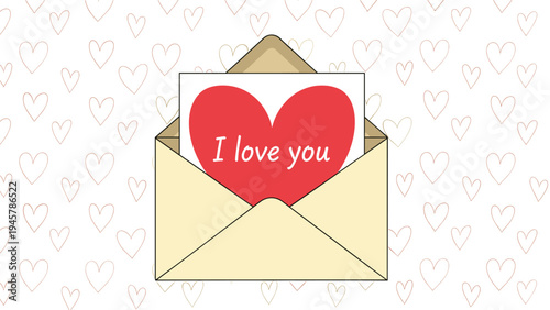 Opened envelope containing a red heart card with the message I Love You on a background of many sketched hearts for Valentine's Day.