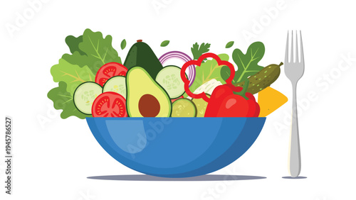 Healthy and fresh vegetable salad in a bright blue bowl featuring lettuce, tomatoes, avocado, cucumbers, peppers, and olives with a fork.