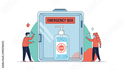 Two people wearing protective masks standing near a glass emergency box containing a large bottle of hand sanitizer to promote public safety.
