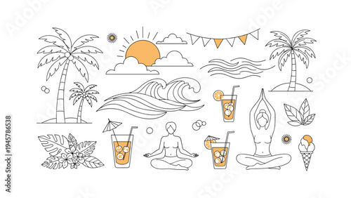 Large collection of summer beach vacation themed line art icons including palm trees, waves, yoga poses, cocktails, and delicious ice cream.