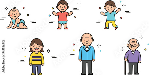 Human Life Stages Cartoon Vector Set with Baby, Children, Adult Man, and Elderly Senior Characters Showing Aging Process