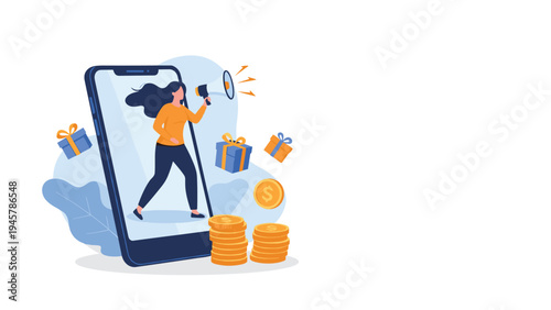 Dynamic illustration of a woman holding a megaphone emerging from a smartphone screen surrounded by gold coins and gift boxes for sales.