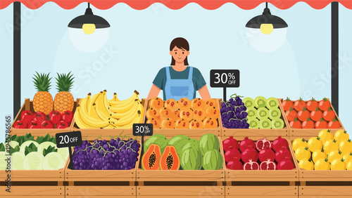 Marketplace stall filled with a large variety of fresh tropical fruits and vegetables with discount signs and a friendly female vendor.
