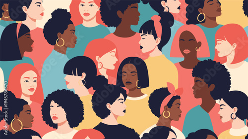 Seamless pattern showing the profiles and faces of a large group of diverse women representing global unity and female empowerment concepts.