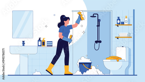 Woman in protective gear and yellow boots cleaning a modern bathroom shower stall with a sponge and soapy water for daily hygiene.
