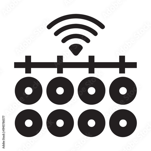 Icon representing a smart watering system with wi-fi signal above rows of plants or pipes