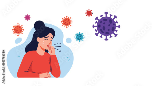 Young woman in a red shirt coughing with tears in her eyes as various colorful virus particles float around her in the air for sickness.
