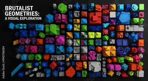 Abstract Geometric Composition with a Diverse Array of Brutalist Forms and Vivid Hues