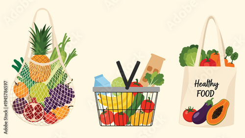 Eco-friendly shopping options including a mesh bag, a wire basket, and a canvas tote bag filled with fresh healthy fruits and vegetables.