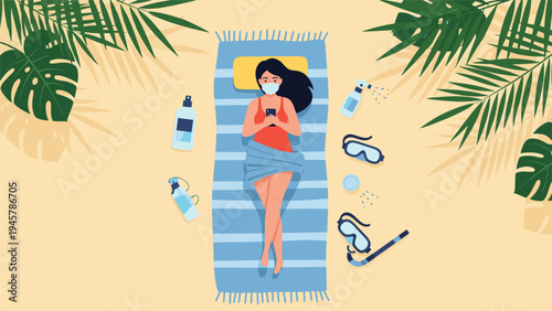 Modern summer vacation scene shows a woman wearing a face mask while lying on a beach towel surrounded by travel and safety items.