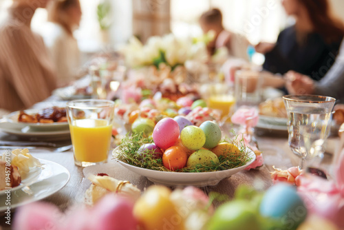 Happy family having Easter dinner together, table setting with traditional food, colorful eggs and spring flowers for Easter celebration	
