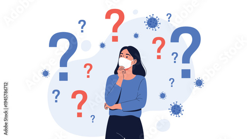 Pensive woman wearing a face mask stands thoughtfully amidst a swarm of blue and red question marks and floating virus symbols.
