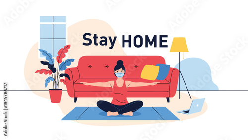 Healthy lifestyle during lockdown features a woman wearing a face mask while practicing yoga or meditation at home in her living room.