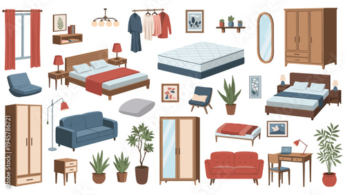 Comprehensive furniture and home decor set includes beds, sofas, wardrobes, plants, and lighting for interior design planning.