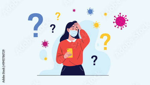 Concerned young woman wearing a protective face mask looks confused while surrounded by colorful question marks and virus icons.
