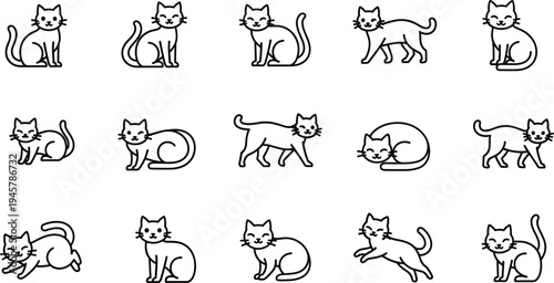 Collection of fifteen cartoon black cat outline illustrations in different poses for animal behavior, decorative and vector design projects