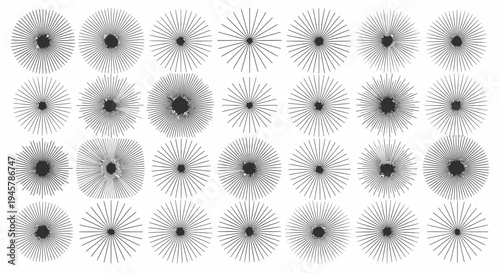 Abstract sunburst patterns arranged in rows, radiating lines graphic design element