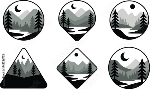 Minimalist mountain landscape icons set with moon and trees vector illustration night scene nature