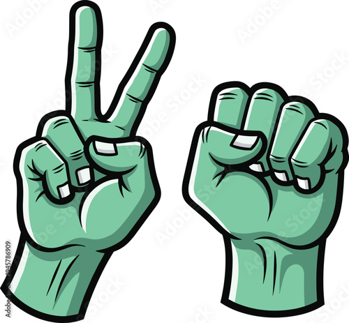 Peace hand gesture illustration, victory sign artwork, clenched fist symbol, solidarity strength drawing, cartoon style green hands, vector design
