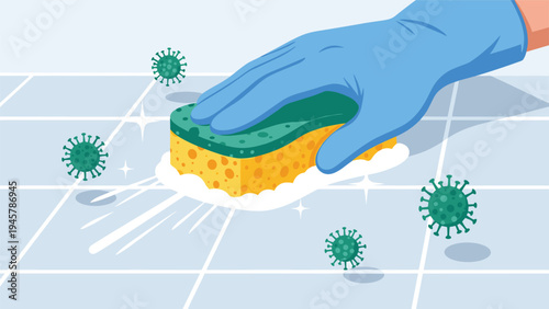Blue gloved hand uses a yellow and green sponge to scrub a white tiled surface clean while virus icons float in the background.