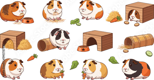 Photos Cute Guinea Pig Cartoon Collection with Eating Sitting and Hiding Poses, Adorabl