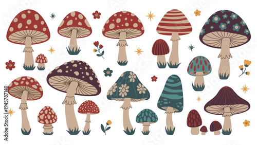 Enchanting collection of colorful mushrooms with various patterns like dots, stripes, and flowers is set among stars.