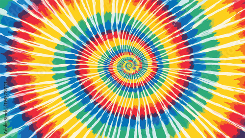 Vibrant rainbow tie-dye spiral background features a circular swirl of yellow, orange, red, blue, and green colors.