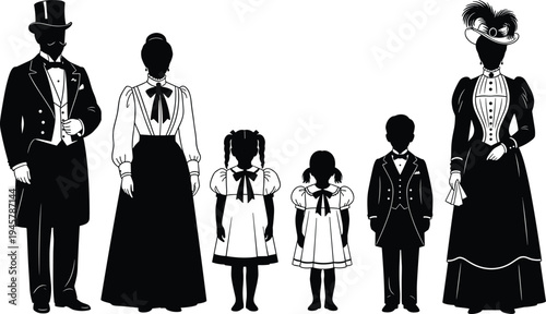 Victorian family silhouette illustration, historical fashion artwork, vintage clothing design, retro portrait style, antique era people drawing, flavector