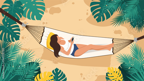 Peaceful scene shows a woman relaxing in a white hammock under palm trees on a sandy beach while using her smartphone.
