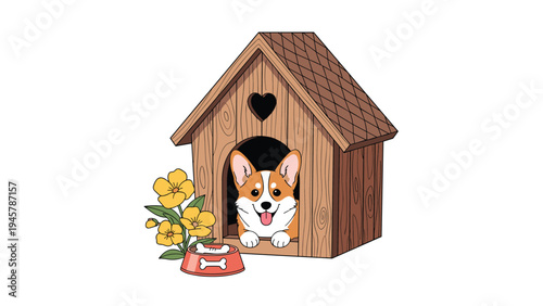 Adorable corgi dog peeks out of a cozy wooden doghouse with a heart-shaped window, a food bowl, and yellow flowers.