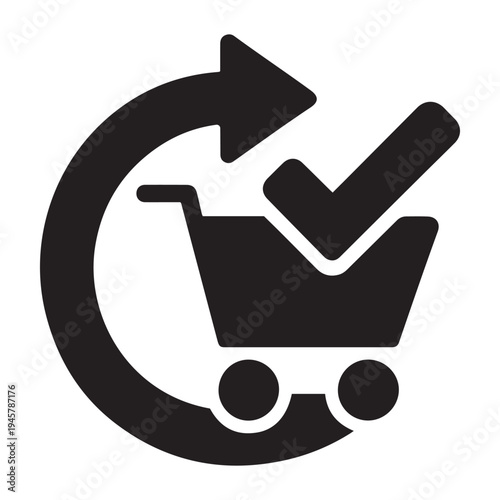 Shopping cart icon with checkmark within a circular arrow, indicating completed transaction or order