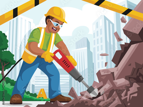 Construction worker operating a heavy jackhammer to demolish concrete debris under.