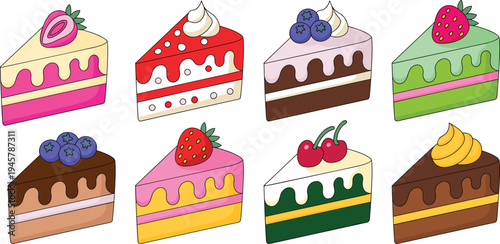 Colorful cake slice vector illustration set featuring strawberry chocolate blueberry and cherry cheesecake toppings for bakery dessert menus and celebrations.