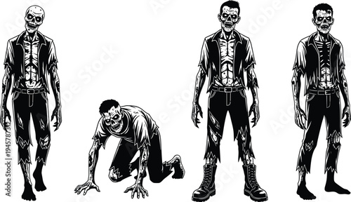 Zombie characters illustration, undead skeletal artwork, horror creepy drawing, post-apocalyptic scary design, Halloween eerie monster sketch, flavector