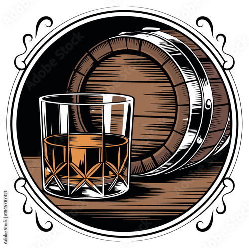 Vintage illustration of a whiskey glass with a wooden barrel, set within an ornate circular decorative frame.