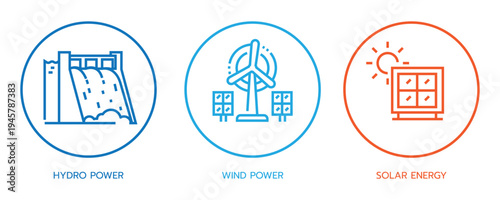 Renewable energy icon set with hydro power wind turbine and solar panel symbols for clean electricity and environmental sustainability vector design.