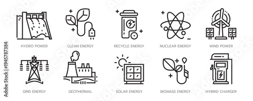 Renewable energy and sustainable power icon set featuring hydro wind solar nuclear geothermal and biomass energy sources for clean technology and environmental conservation vector design.