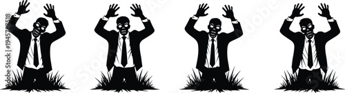 Zombie silhouette illustration, horror Halloween artwork, undead rising drawing, spooky graveyard scene, black and white vector design