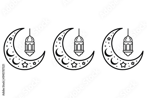 Islamic Crescent Moon with Hanging Lanterns and Stars Pattern Vector Graphic