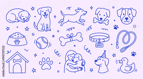 Dog doodle collection with clean outline line drawing. Puppy, bone, collar, leash, doghouse, ball, bowl. Cute domestic animal elements for coloring pages, pet care design and veterinary projects.