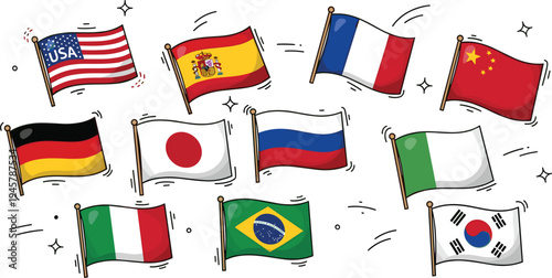 Waving World Country Flags Cartoon Vector Set with USA, Spain, France, China, Germany, Japan, Russia, Italy, Brazil, and South Korea