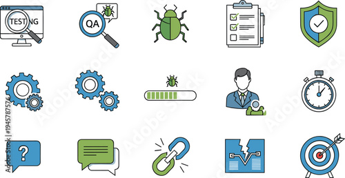 Software testing and debugging icon set with QA quality assurance, bug detection, system settings gears, progress loading, developer support and target success vector