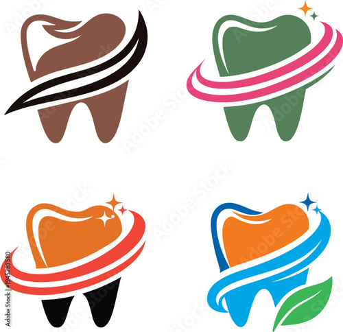 Modern dental care logo set with tooth shape, heart symbol, cleaning swirl, shine sparkle and eco leaf concept. Perfect for dentist clinic, dental care, oral hygiene, teeth whitening and healthcare br