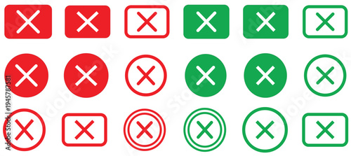 Check mark icons. Green cross mark and red cross mark icon set. Symbols of approval and Decline, vector illustration.