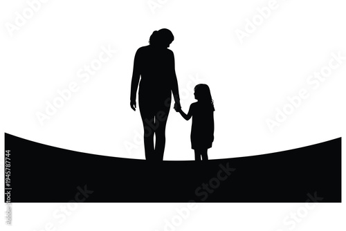 Mother and Child Silhouette Walking Hand-in-Hand Over Hilltop