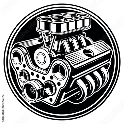 Detailed black and white illustration of a powerful V8 car engine with visible intake manifold, set within a circular emblem design.