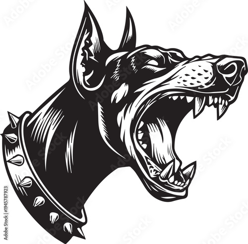 Roaring Doberman Dog Head Aggressive Guard Dog Mascot Black and White Vector Illustration