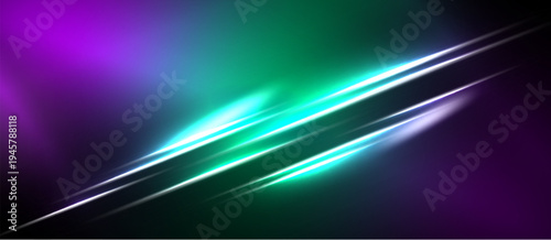 Abstract background features vibrant purple, green hues. Diagonal light streaks create dynamic visual effect. Dark borders frame colorful center.