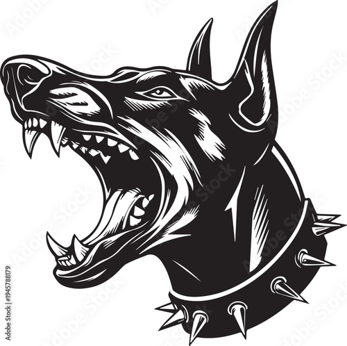 Roaring Doberman Dog Head Aggressive Guard Dog Mascot Black and White Vector Illustration
