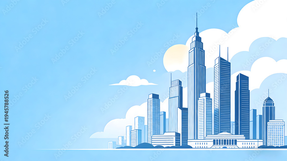 Fototapeta premium Blue skyscrapers with white clouds and gradient sky background